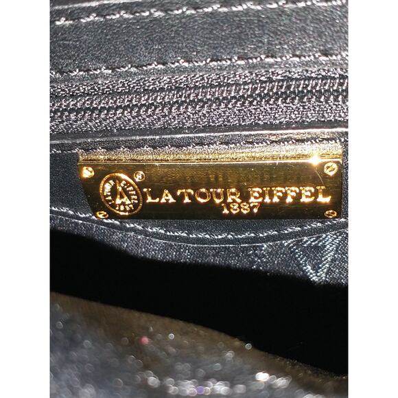 La Tour Eiffel 1887 Black Brown Pebbled Shoulder Bag Handbag Gold Hardware - Picture 12 of 16